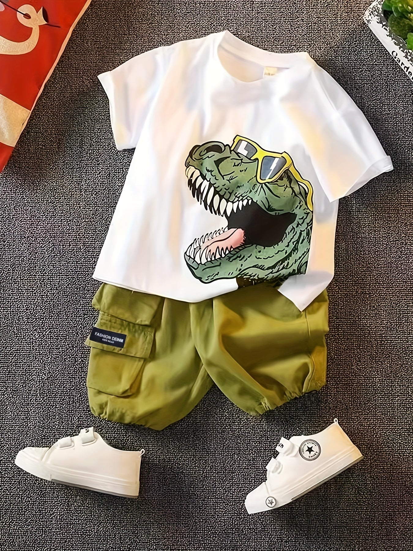 Boys Dino Outfit Cargo Shorts & T shirt Casual Summer Kids Clothes