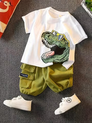 Boys Dino Outfit Cargo Shorts & T shirt Casual Summer Kids Clothes
