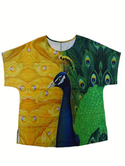 Peacock Print Short Sleeve Blouse