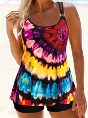 Tie Dye Tankini Set Metal Decor Round Neck Top & Shorts Swimsuit