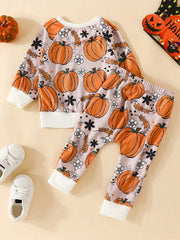 Toddler Halloween Pumpkin Print Sweatshirt and Pants Set