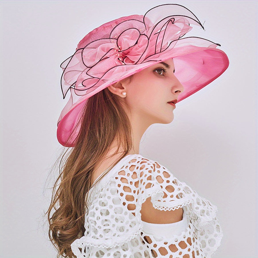Rose Red Organza Sun Hat Mesh Flower Bridal Wedding Hat