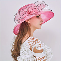 Rose Red Organza Sun Hat Mesh Flower Bridal Wedding Hat