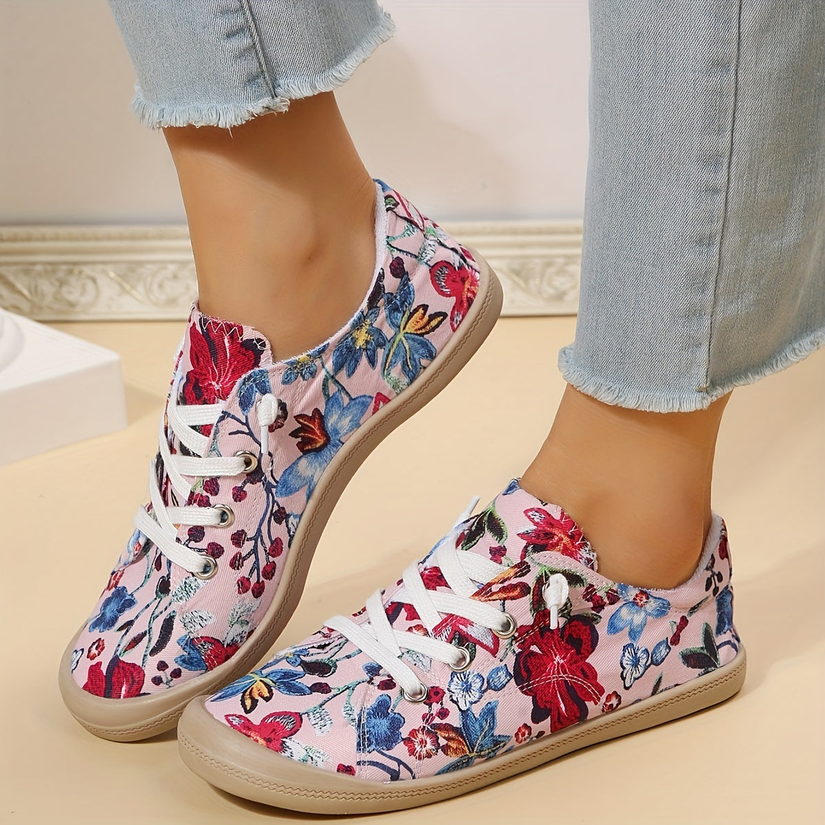 Floral Print Canvas Lace Up Flat Sneakers Women's Shoes