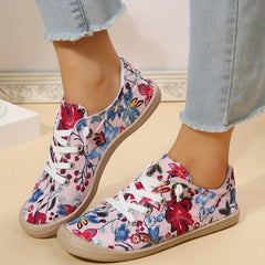 Floral Print Canvas Lace Up Flat Sneakers Women's Shoes
