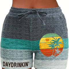 Coconut Tree Print Shorts Drawstring Drinkin Shorts