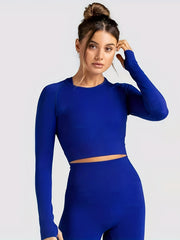 2Pcs Seamless Yoga Suit Long Sleeve Top & High Waist Leggings Set