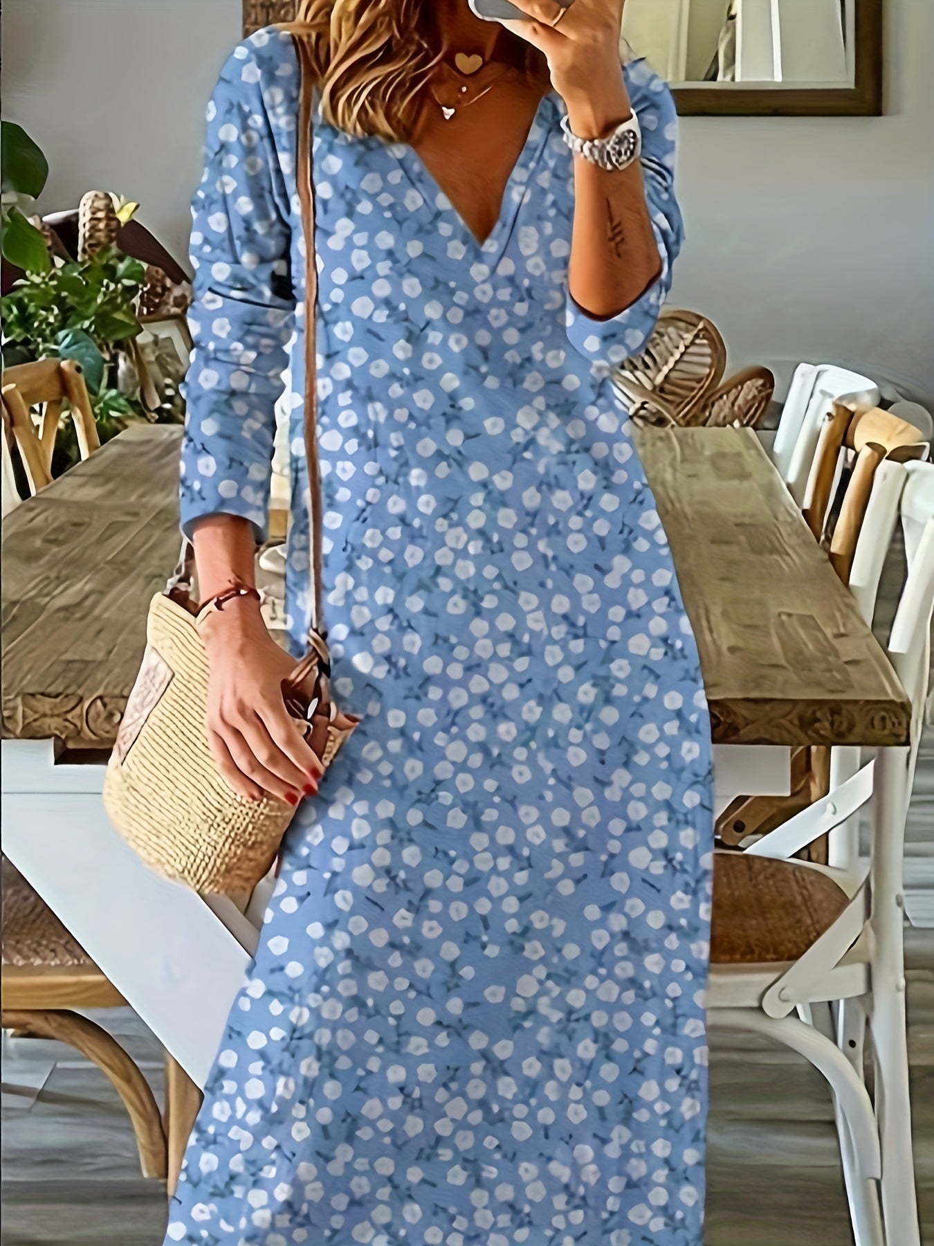 Boho Dress Women's Plus Floral Print V Neck Maxi Dress