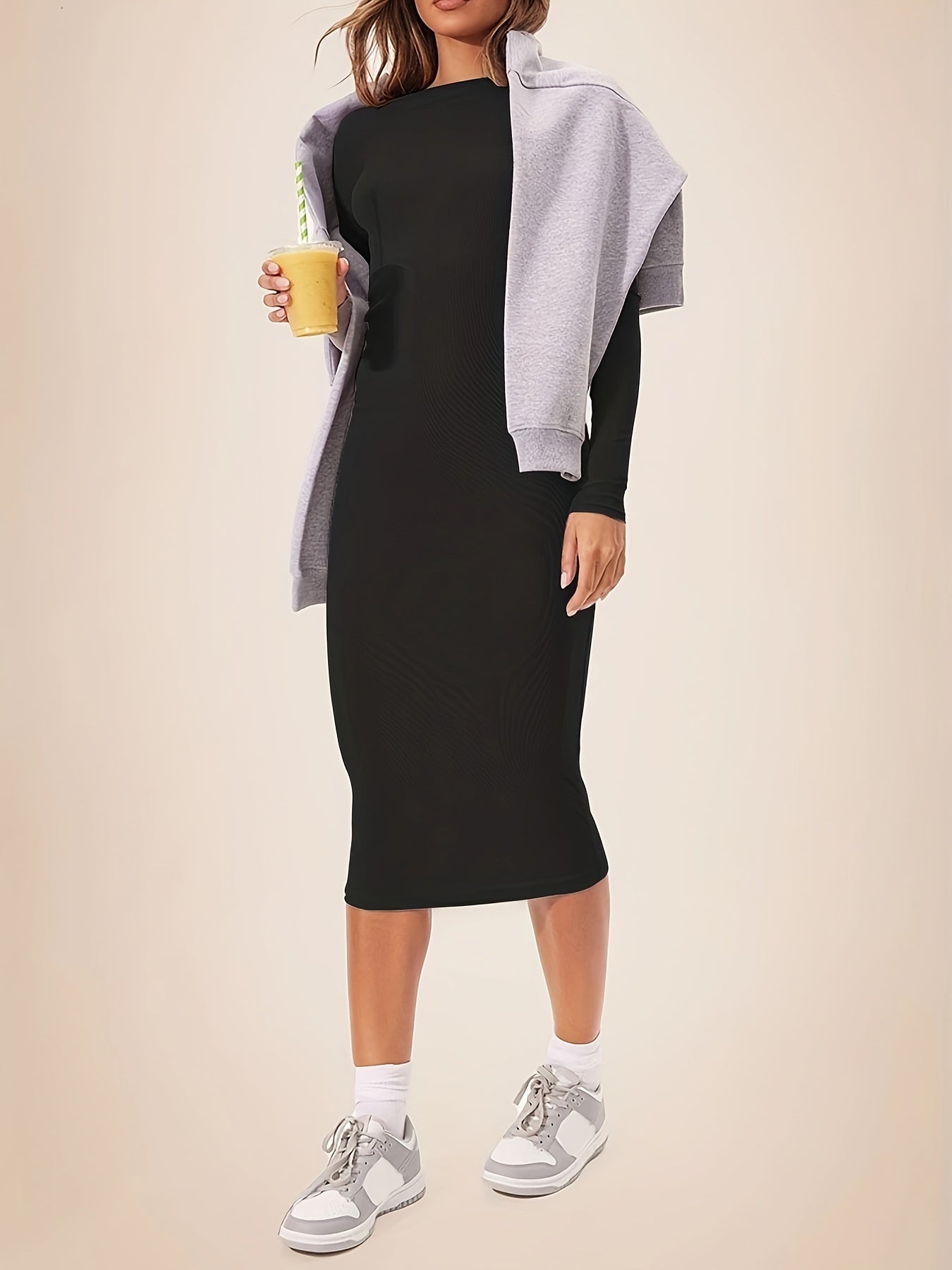 Solid Long Sleeve Round Neck Midi Slim Fit Dress