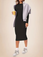 Solid Long Sleeve Round Neck Midi Slim Fit Dress