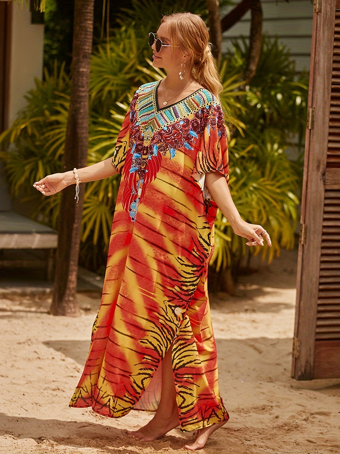 Floral Print Bat Sleeve V Neck Cover Up Dress