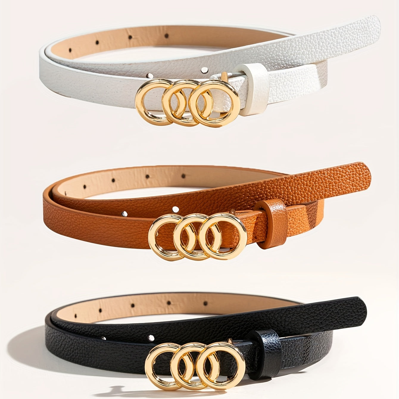 Lychee Embossed Belt Triple O Ring Buckle Jeans Pants Waist Belts for Women