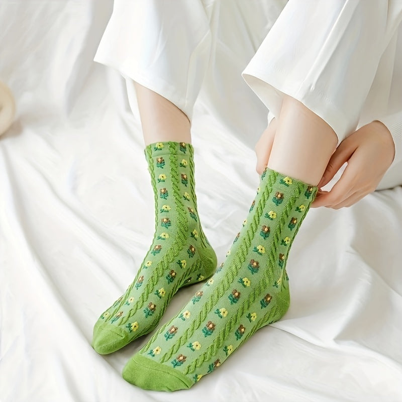 Floral Print Harajuku Style Mid Tube Socks Women's Stockings