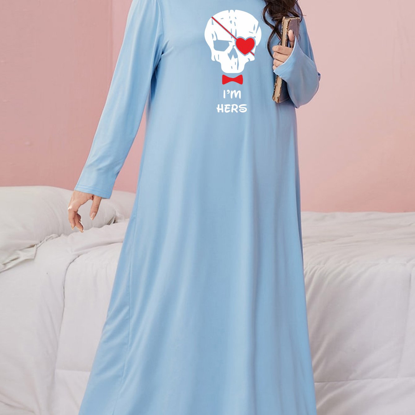 Gothic Nightdress Skull Slogan Print Long Sleeve Loose Fit