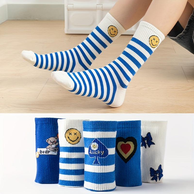 5 Pairs Heart & Striped Print Socks Mid Tube Socks Women's Stockings