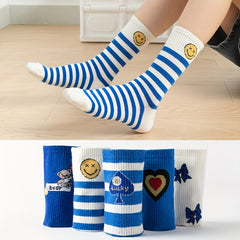 5 Pairs Heart & Striped Print Socks Mid Tube Socks Women's Stockings