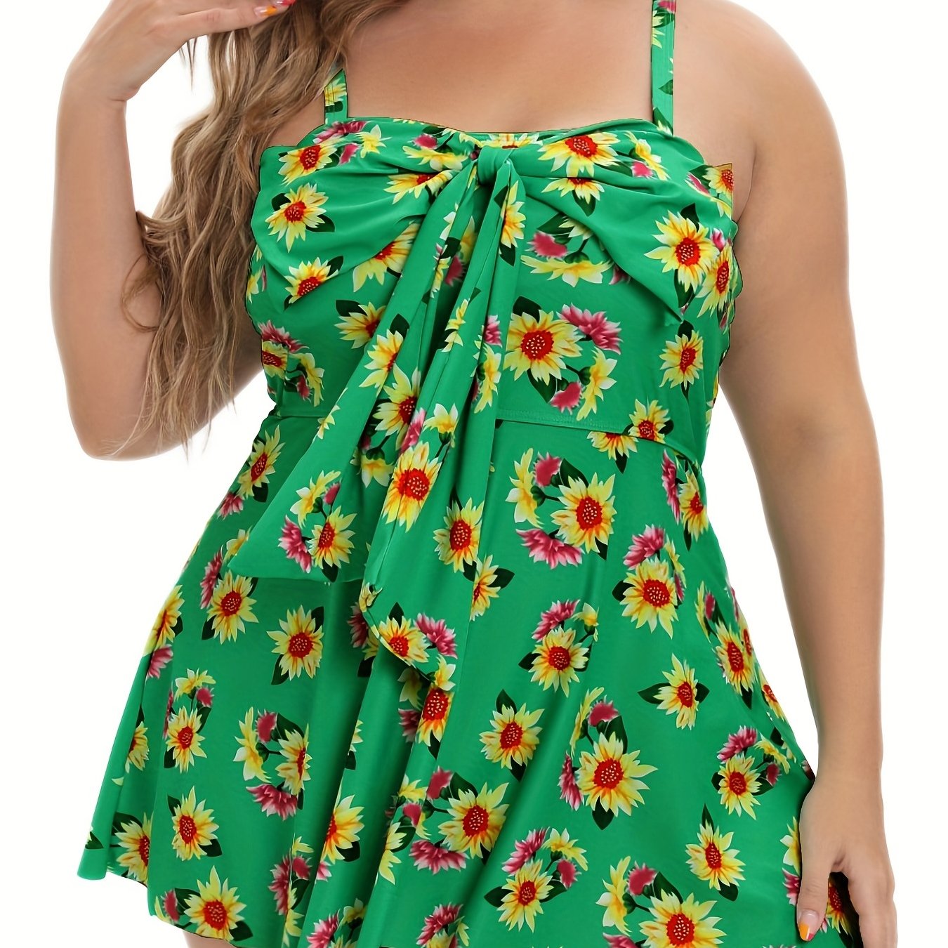 Sunflower Print Bow Knot Tankini Set Women's Two Piece Set