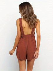Ruffle Trim Sleeveless Romper Pocket Solid Casual Jumpsuit