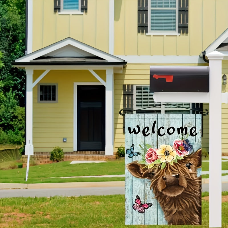 Welcome Highland Cow Garden Flag Burlap Rustic Farmhouse Highland Cow