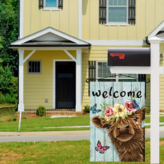 Welcome Highland Cow Garden Flag Burlap Rustic Farmhouse Highland Cow