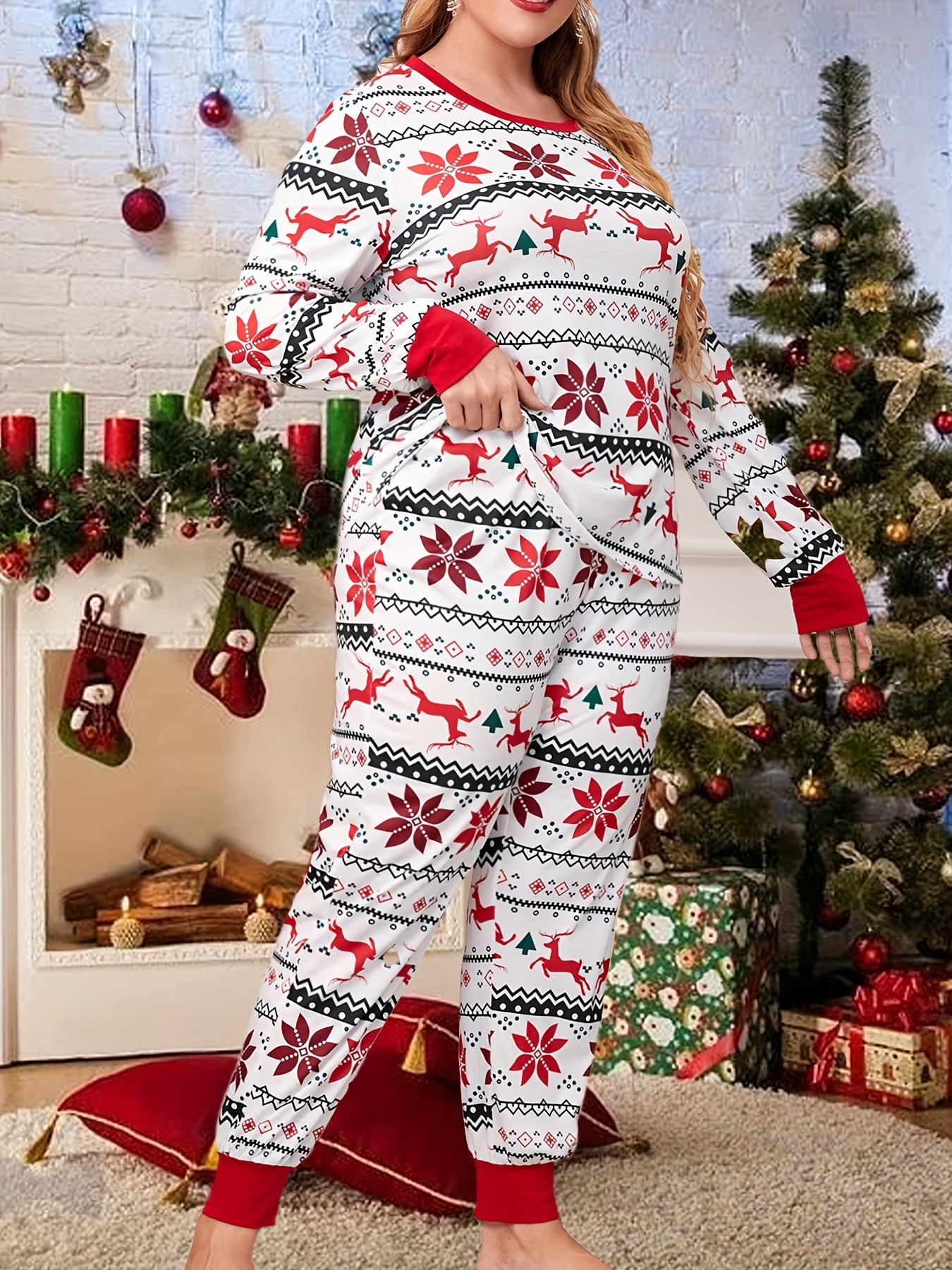 Women's Plus Elk Print Tee & Joggers Set - Christmas Casual Loungewear