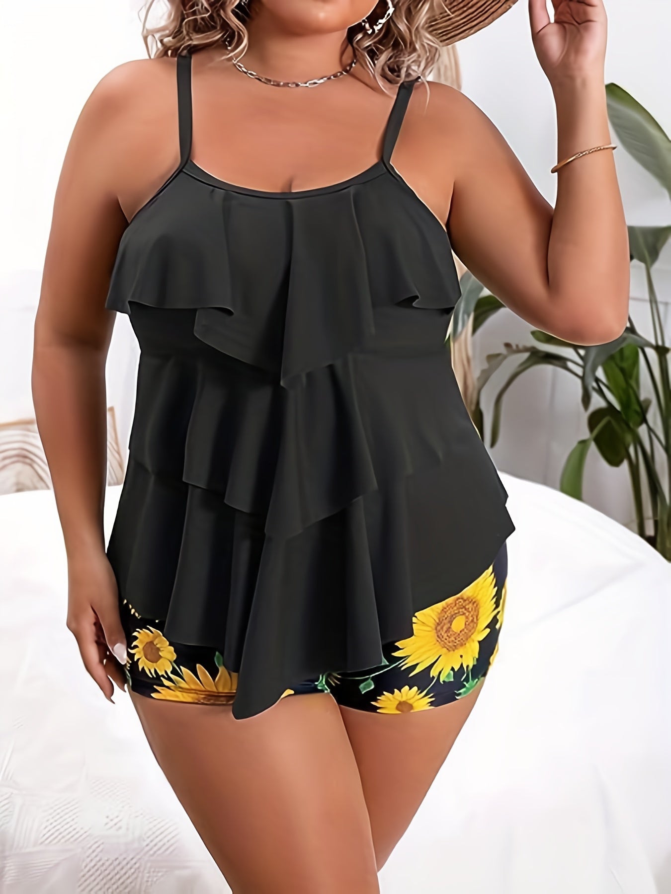 Tankini Set Ruffle Trim Cami Top & Sunflower Print Shorts