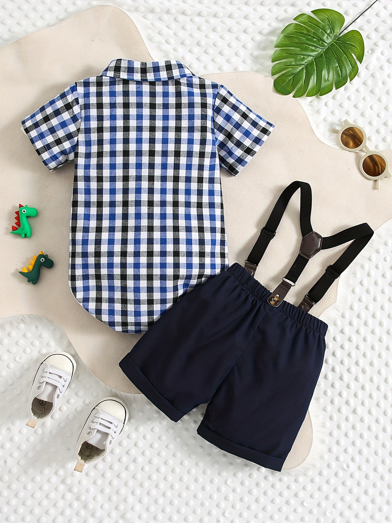 2pcs Baby Boys Plaid Shirt Onesie & Suspender Shorts Gentleman Outfit
