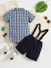 2pcs Baby Boys Plaid Shirt Onesie & Suspender Shorts Gentleman Outfit