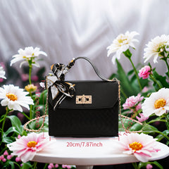 Pink Faux Leather Handbag with Geometric Pattern & Scarf Chain