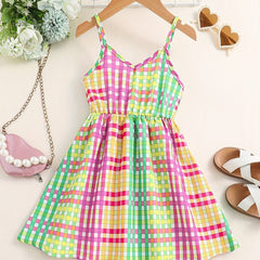 Girls Colorful Plaid V neck Cami Dress For Party Holiday