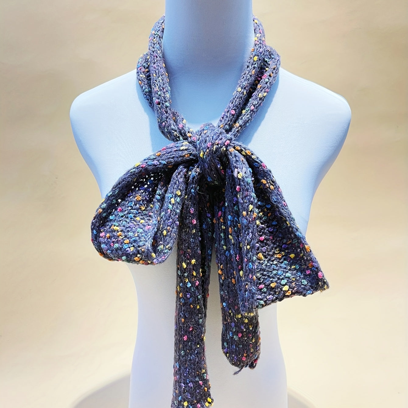 Gray Dotted Thin Scarf Solid Knitted Neckerchief Long Narrow Neck Scarf
