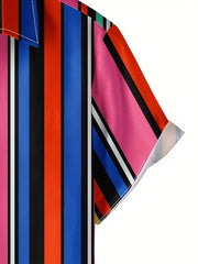 Colorful Stripes Print Men's Short Sleeve Shirt for Beach Summer