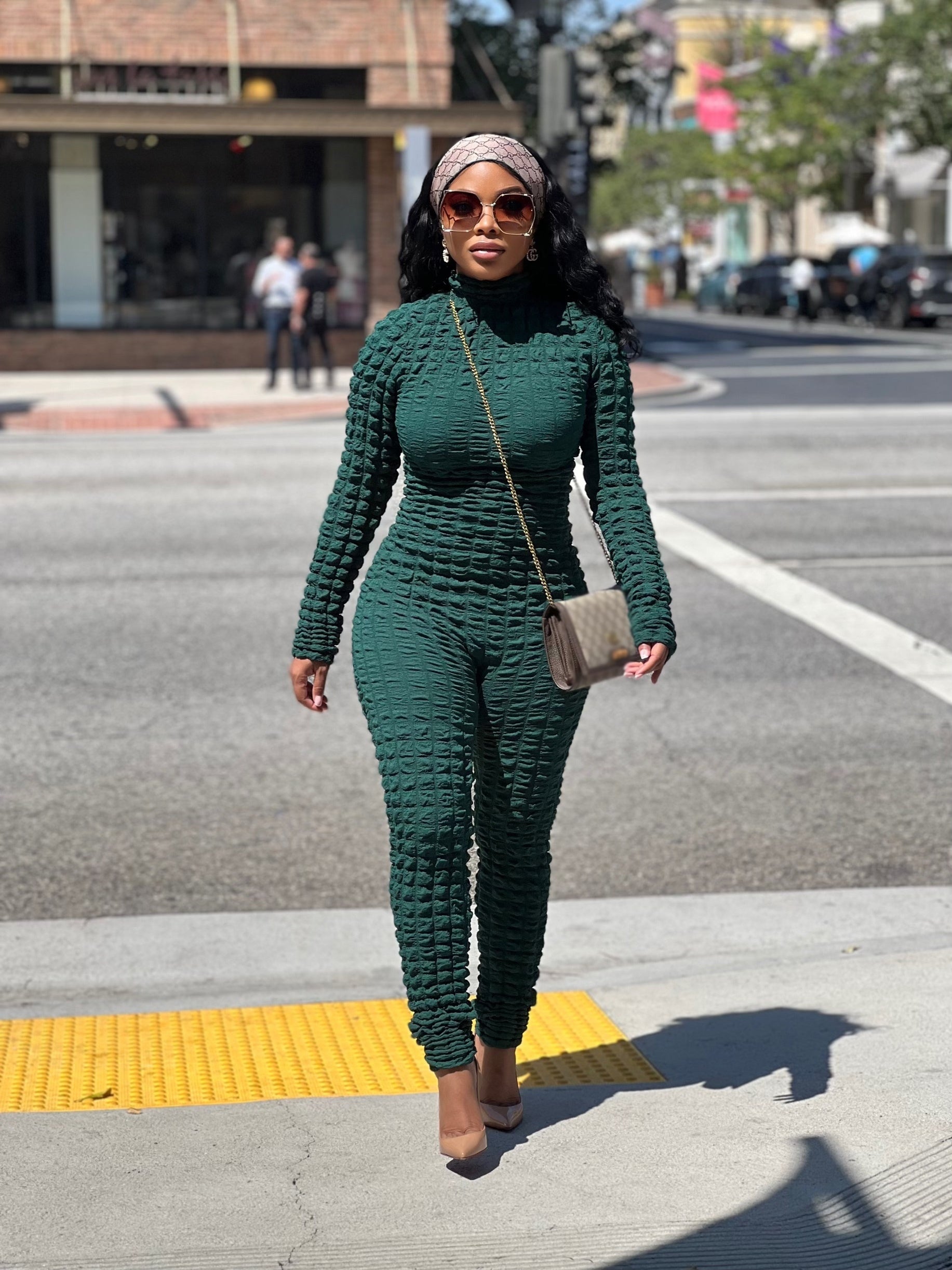Popcorn Zipper Jumpsuit Solid Sexy Long Sleeve Women's Clothing