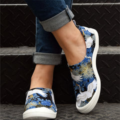 Women's Crane Print Flat Canvas Shoes Lightweight Slip On Loafers
