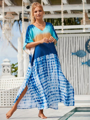 Tie Dye V Neck Kaftan Cover Up Dress Loose Fit Maxi Length Beach Coverup