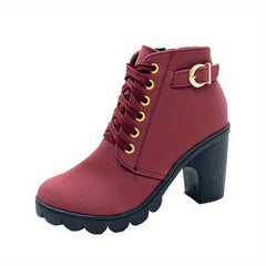 Women's Chunky Heeled Short Boots Lace Up Solid Ankle Boots