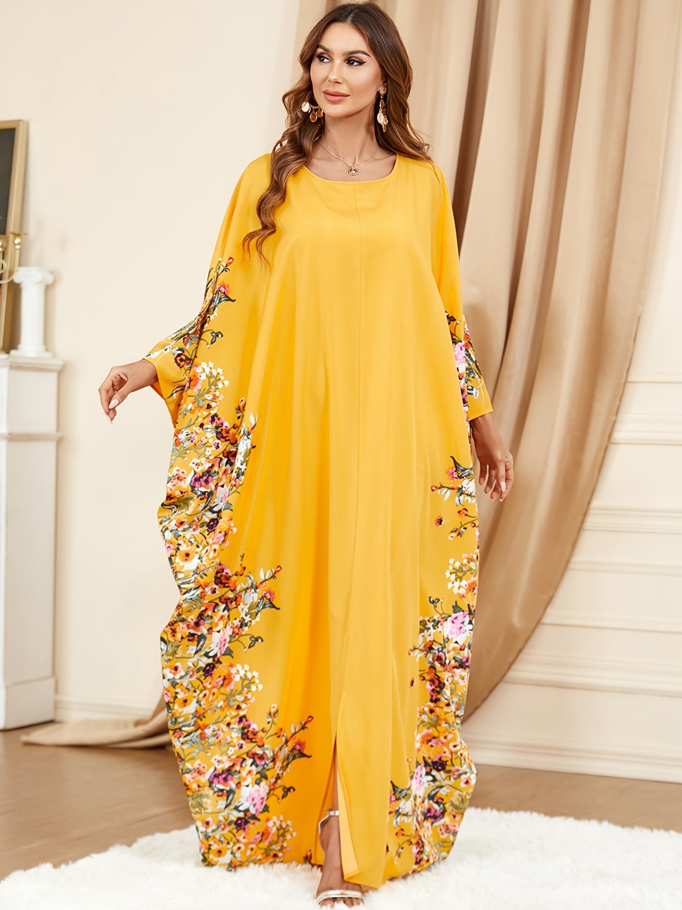 Floral Print Party Abaya Dress with Split Kaftan Design