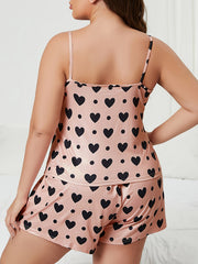 Heart & Polka Dot Print Round Neck Cami Top & Shorts Two Piece Set