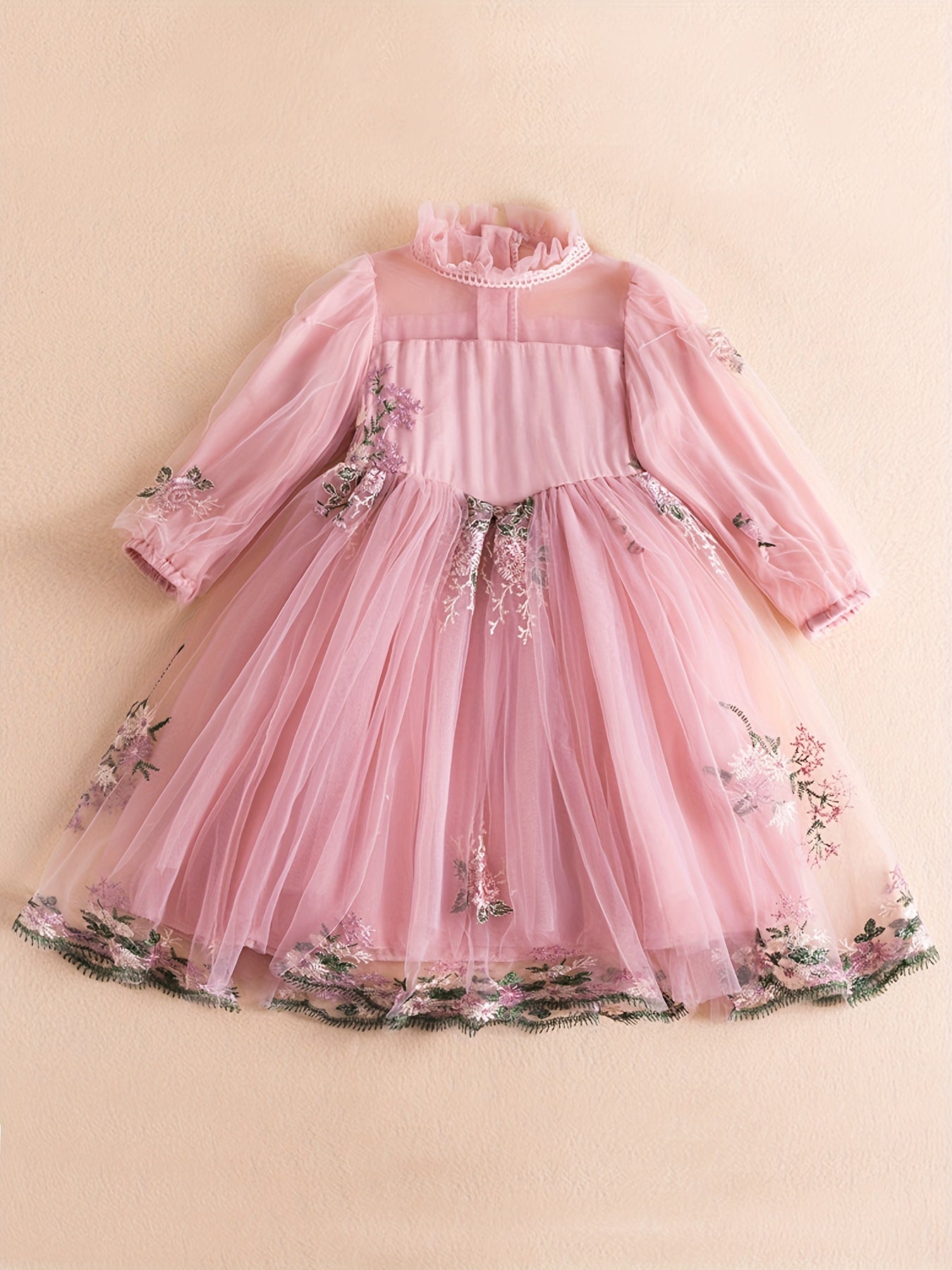 Girls Casual Flower Mesh Sleeves Embroidery Voile Dress For Wedding Party