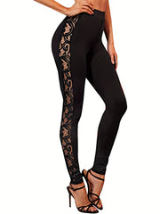 Contrast Lace High Waist Pants Casual Slim Long Length Pants