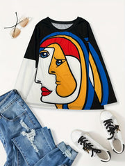Abstract Face Print Sweatshirt Casual Crew Neck Long Sleeve