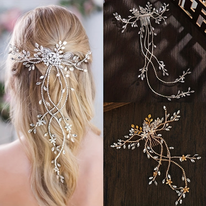 Bridal Hair Comb Rhinestone Flower Headpiece Chain Golden Silver