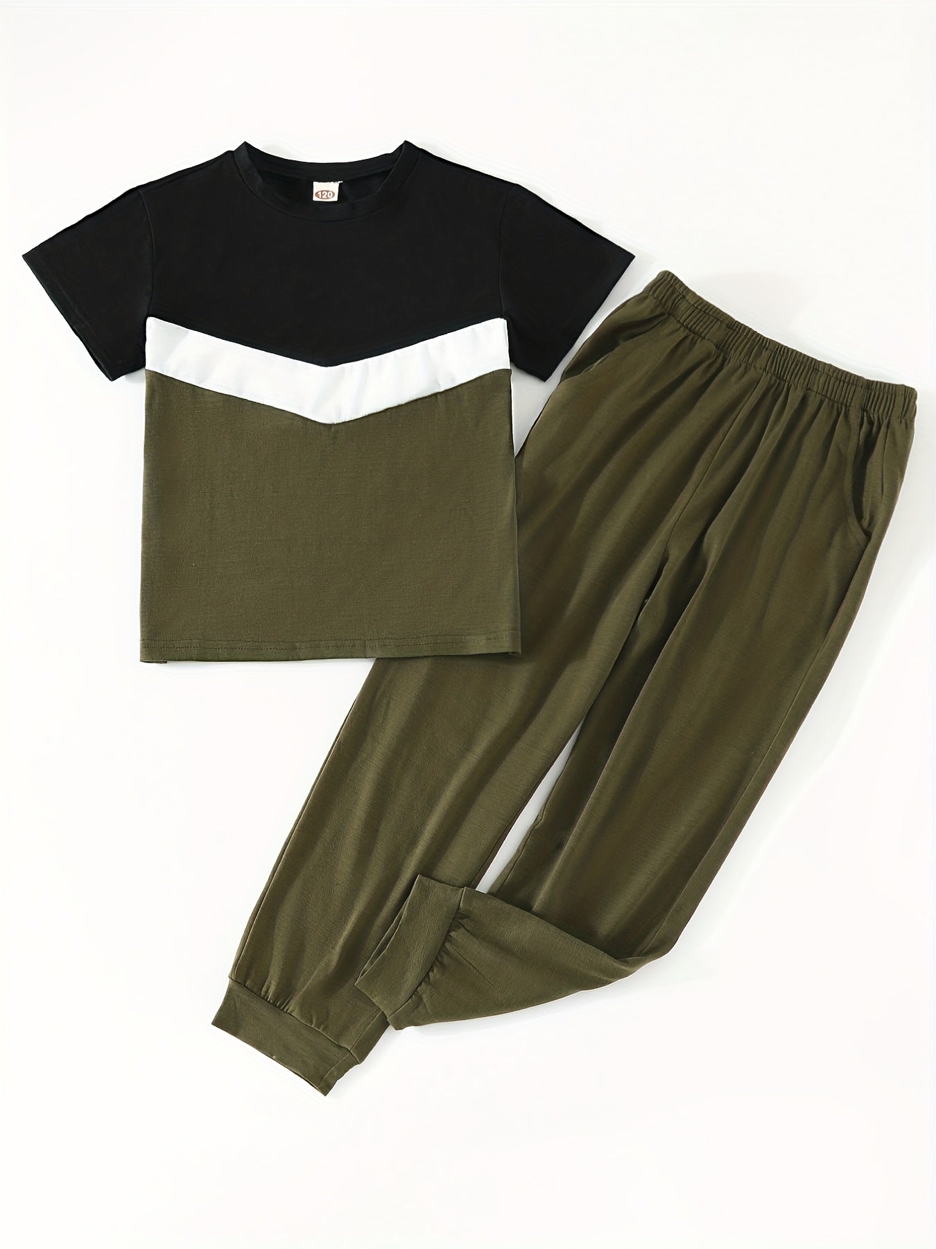 Boys Stitching T Shirt And Sweatpants Set Short Sleeve Top And Pants