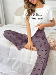 Eyelash & Heart Print Tee & Pants Pajama Set