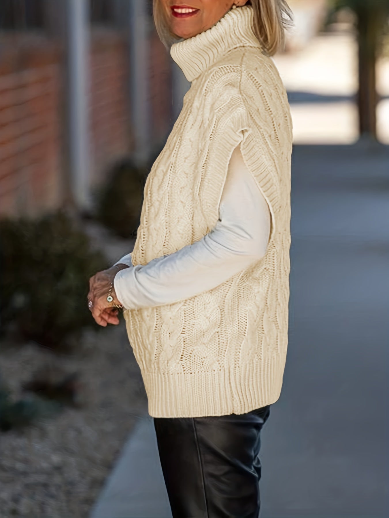 Boho Sweater Women's Plus Solid Cable Batwing Sleeve High Neck Sweater