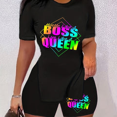 Queen Letter Print Short Sleeve Two Piece Set Casual T Shirt & Biker Shorts