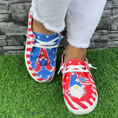 Red Striped Dwarf Pattern Flat Shoes Women's Lightweight Casual Breathable Sport