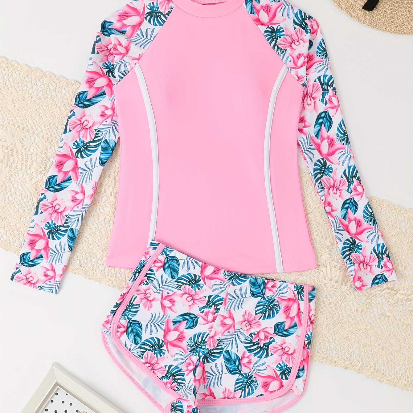 Girls Flower Print Swimsuit 2pc Set Long Sleeve Top & Shorts for Swim Training