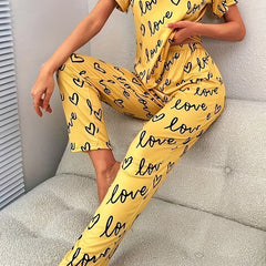 Heart & Letter Print Lounge Set Short Sleeve Top & Pants Women's Sleepwear