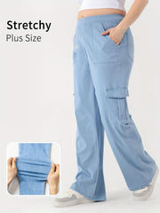 Solid High Stretch Wide Leg Cargo Jeans with Pockets